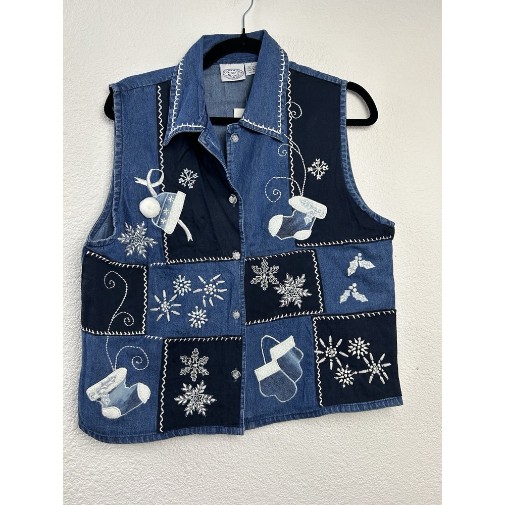 Carolina Blues Womens Sz L Denim Vest Snowman Holiday Blue White Snow Christmas